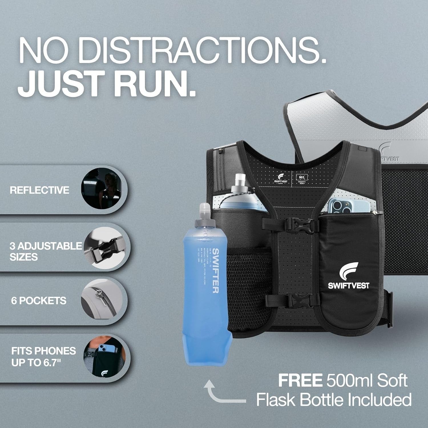 Running Phone Holder Vest with 500Ml/17Oz Water Bottle | Reflective Hydration Vest | Adjustable | Light | 6 Pockets for Running Accessories | Unisex